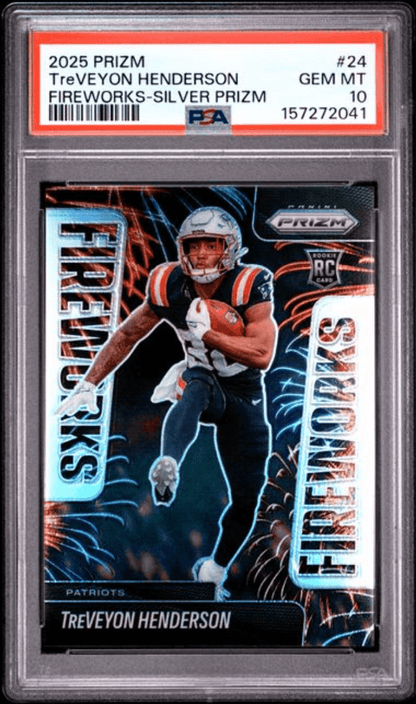 Graded 2025 Panini Prizm TreVeyon Henderson #24 Fireworks Silver Prizm Rookie RC Football Card PSA 10 Gem Mint