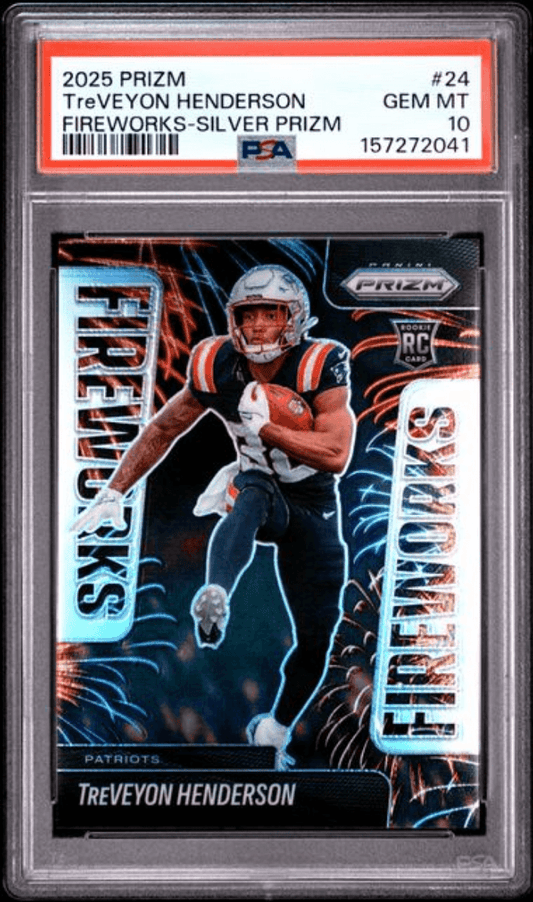 Graded 2025 Panini Prizm TreVeyon Henderson #24 Fireworks Silver Prizm Rookie RC Football Card PSA 10 Gem Mint