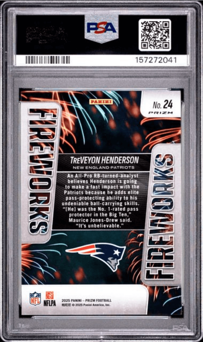 Graded 2025 Panini Prizm TreVeyon Henderson #24 Fireworks Silver Prizm Rookie RC Football Card PSA 10 Gem Mint