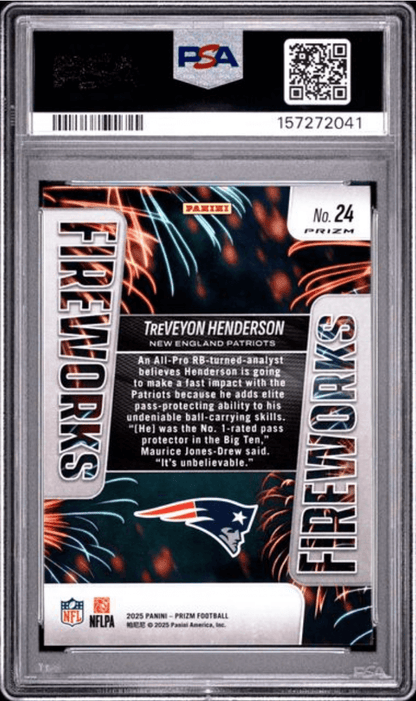 Graded 2025 Panini Prizm TreVeyon Henderson #24 Fireworks Silver Prizm Rookie RC Football Card PSA 10 Gem Mint