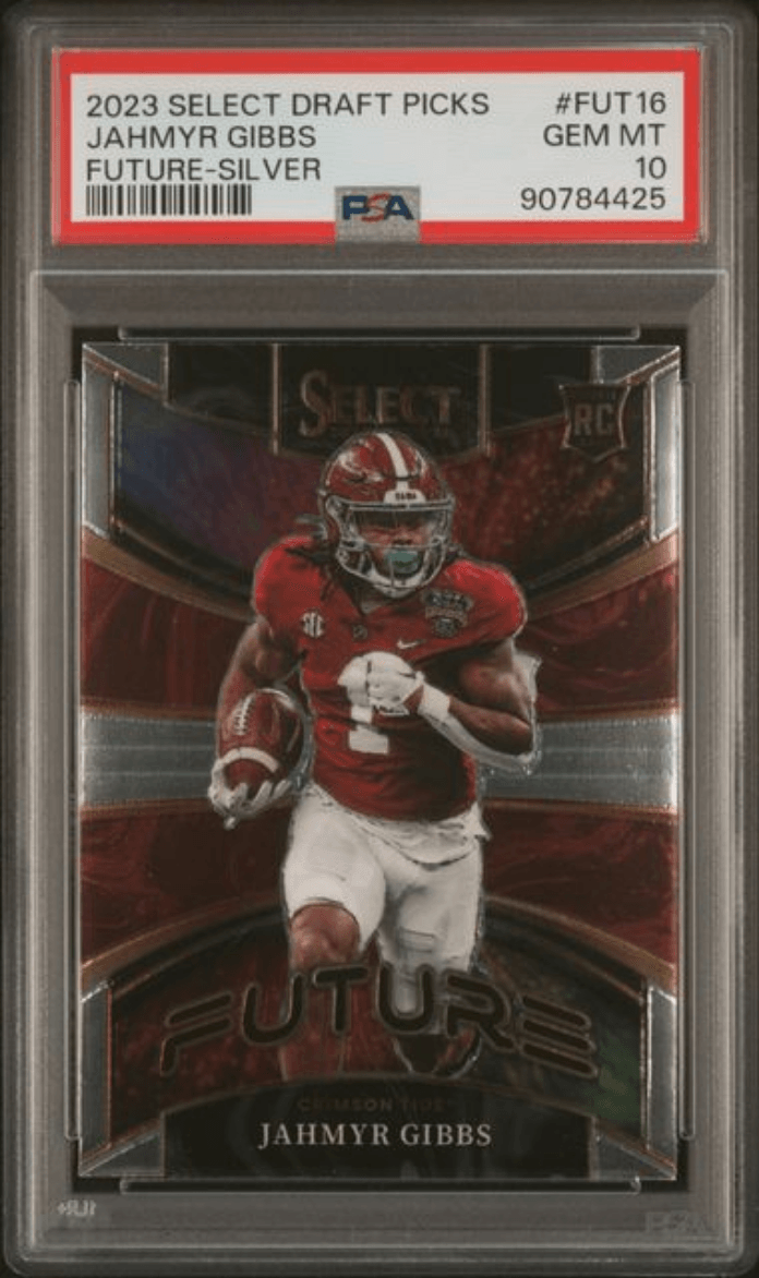 Graded 2023 Panini Select Draft Picks Jahmyr Gibbs #FUT16 Future Silver Rookie RC Football Card PSA 10 Gem Mint