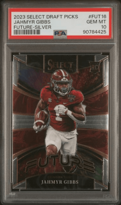 Graded 2023 Panini Select Draft Picks Jahmyr Gibbs #FUT16 Future Silver Rookie RC Football Card PSA 10 Gem Mint