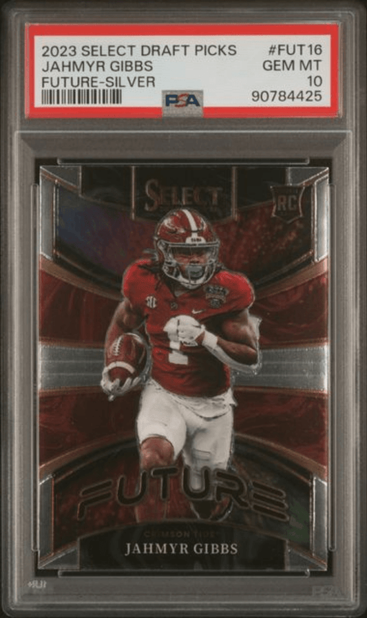 Graded 2023 Panini Select Draft Picks Jahmyr Gibbs #FUT16 Future Silver Rookie RC Football Card PSA 10 Gem Mint