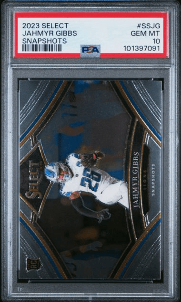 Graded 2023 Panini Select Jahmyr Gibbs #SSJG Snapshots Rookie RC Football Card PSA 10 Gem Mint