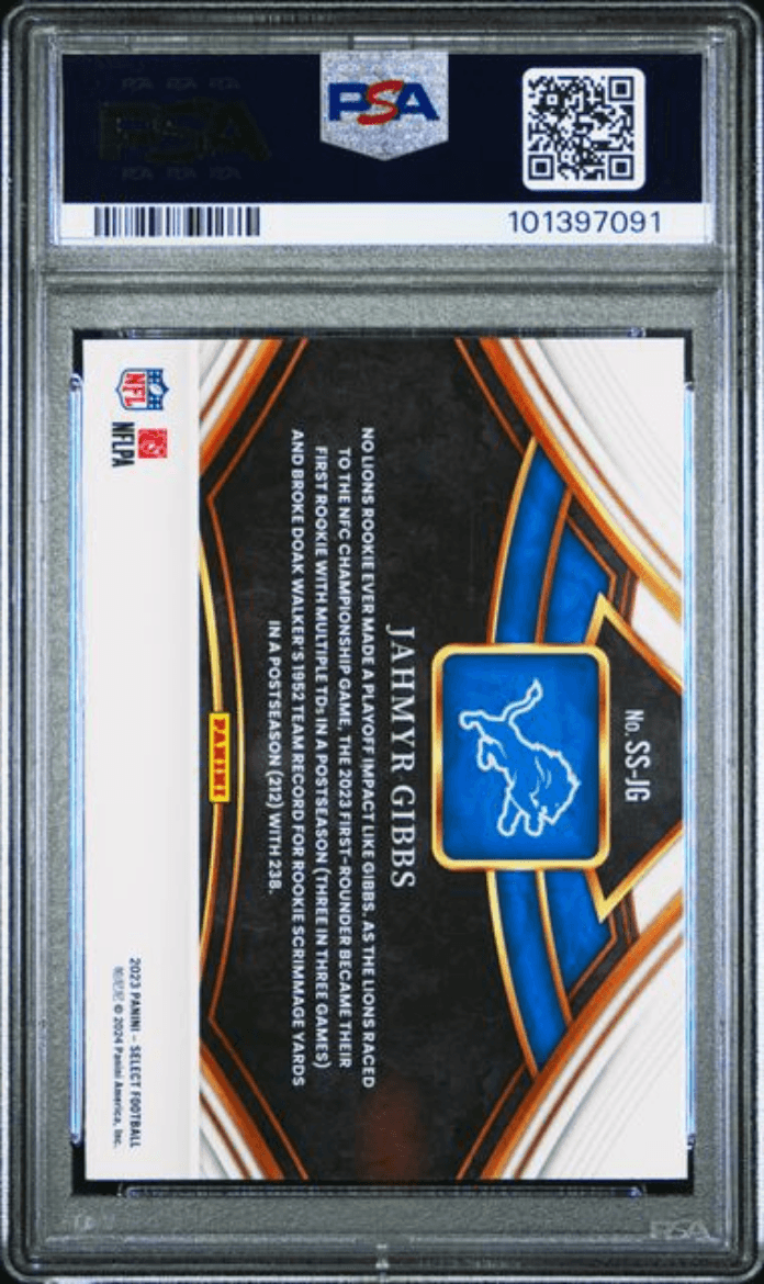 Graded 2023 Panini Select Jahmyr Gibbs #SSJG Snapshots Rookie RC Football Card PSA 10 Gem Mint