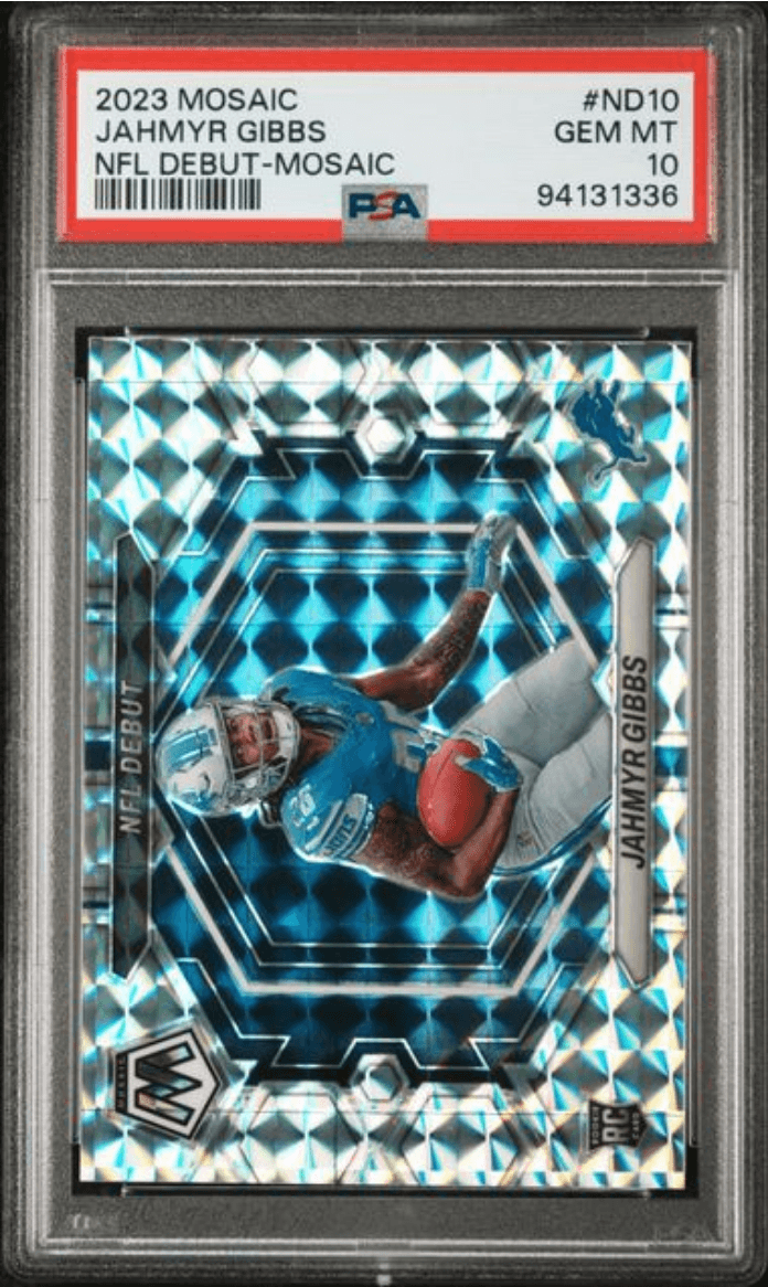 Graded 2023 Panini Mosaic Jahmyr Gibbs #ND10 NFL Debut Mosaic Rookie RC Football Card PSA 10 Gem Mint