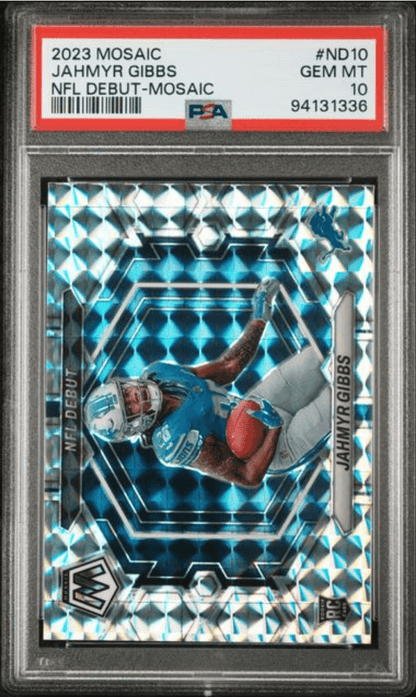 Graded 2023 Panini Mosaic Jahmyr Gibbs #ND10 NFL Debut Mosaic Rookie RC Football Card PSA 10 Gem Mint