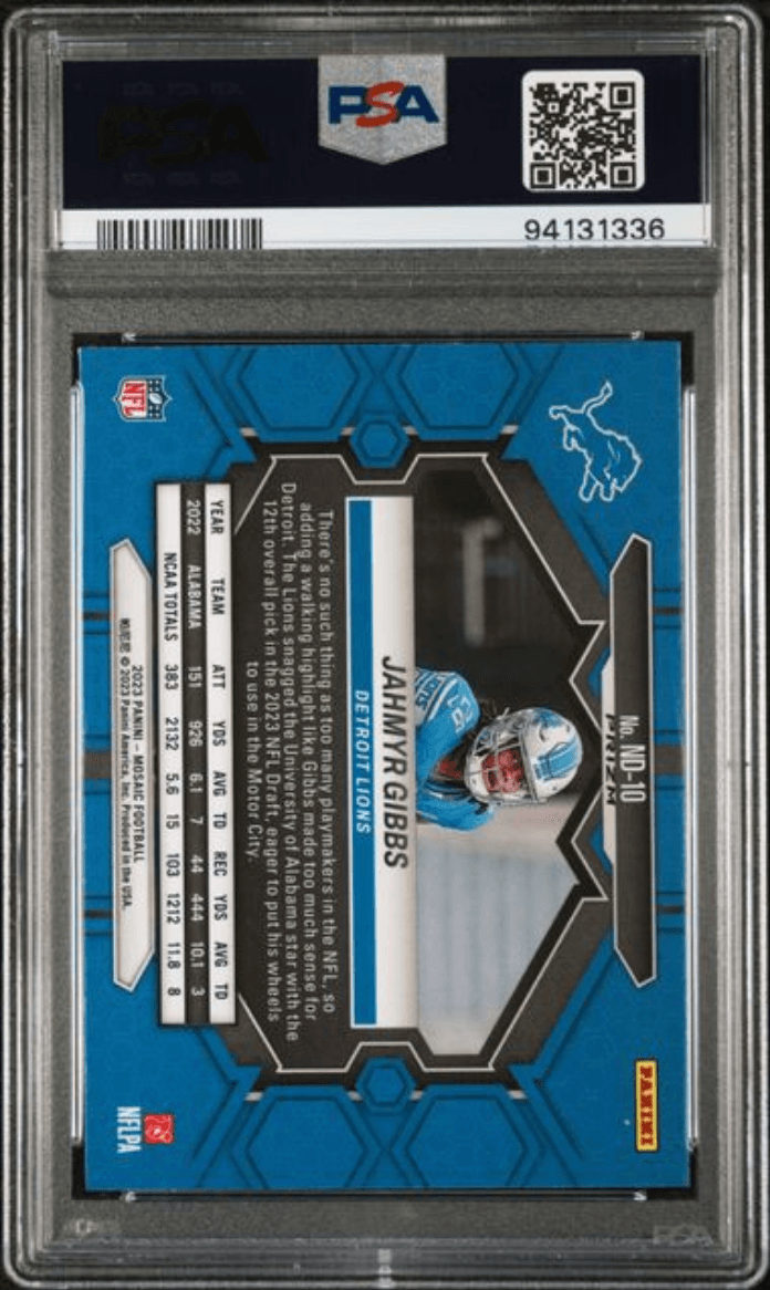 Graded 2023 Panini Mosaic Jahmyr Gibbs #ND10 NFL Debut Mosaic Rookie RC Football Card PSA 10 Gem Mint