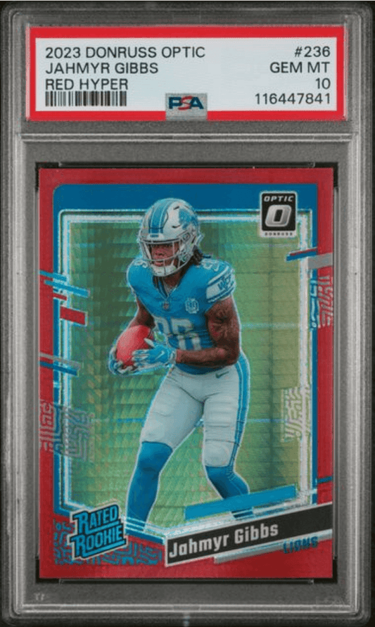 Graded 2023 Panini Donruss Optic Jahmyr Gibbs #236 Red Hyper Rookie RC Football Card PSA 10 Gem Mint