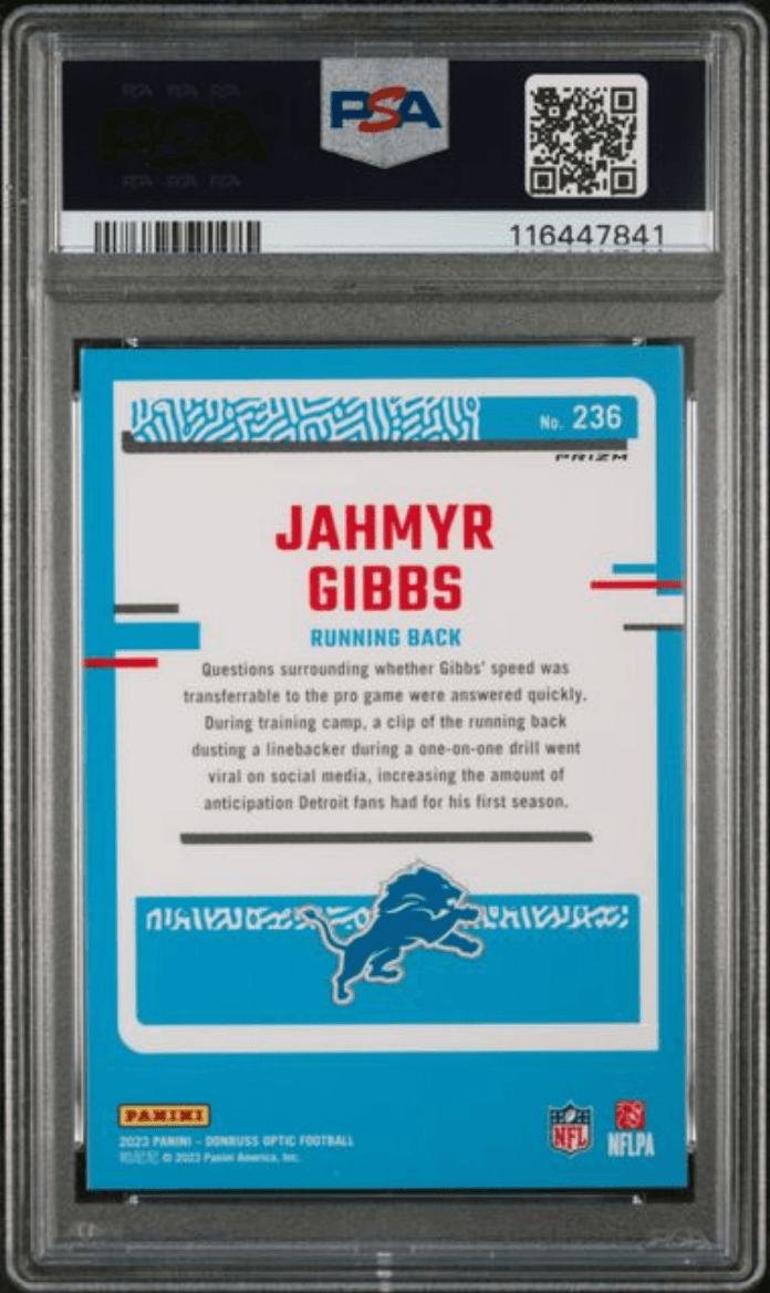 Graded 2023 Panini Donruss Optic Jahmyr Gibbs #236 Red Hyper Rookie RC Football Card PSA 10 Gem Mint