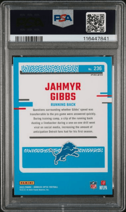 Graded 2023 Panini Donruss Optic Jahmyr Gibbs #236 Red Hyper Rookie RC Football Card PSA 10 Gem Mint