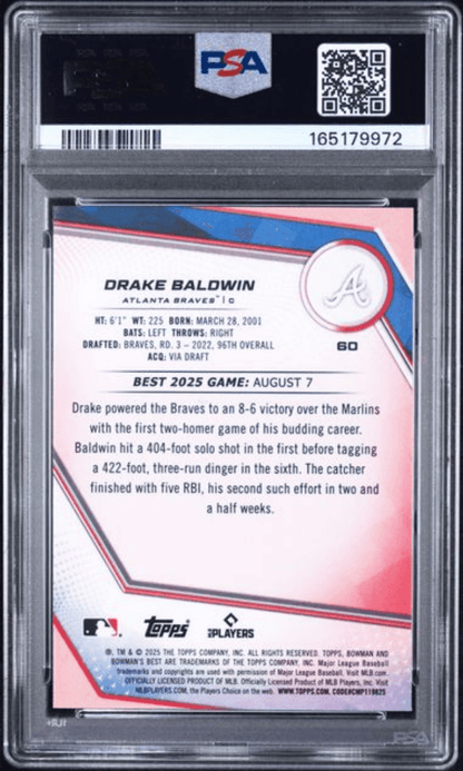 Graded 2025 Topps Bowmans Best Drake Baldwin #60 Rookie RC Baseball Card PSA 10 Gem Mint