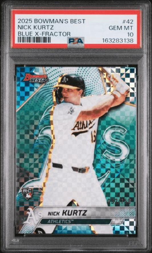 Graded 2025 Topps Bowmans Best Nick Kurtz #42 Blue X Fractor /150 Rookie RC Baseball Card PSA 10 Gem Mint
