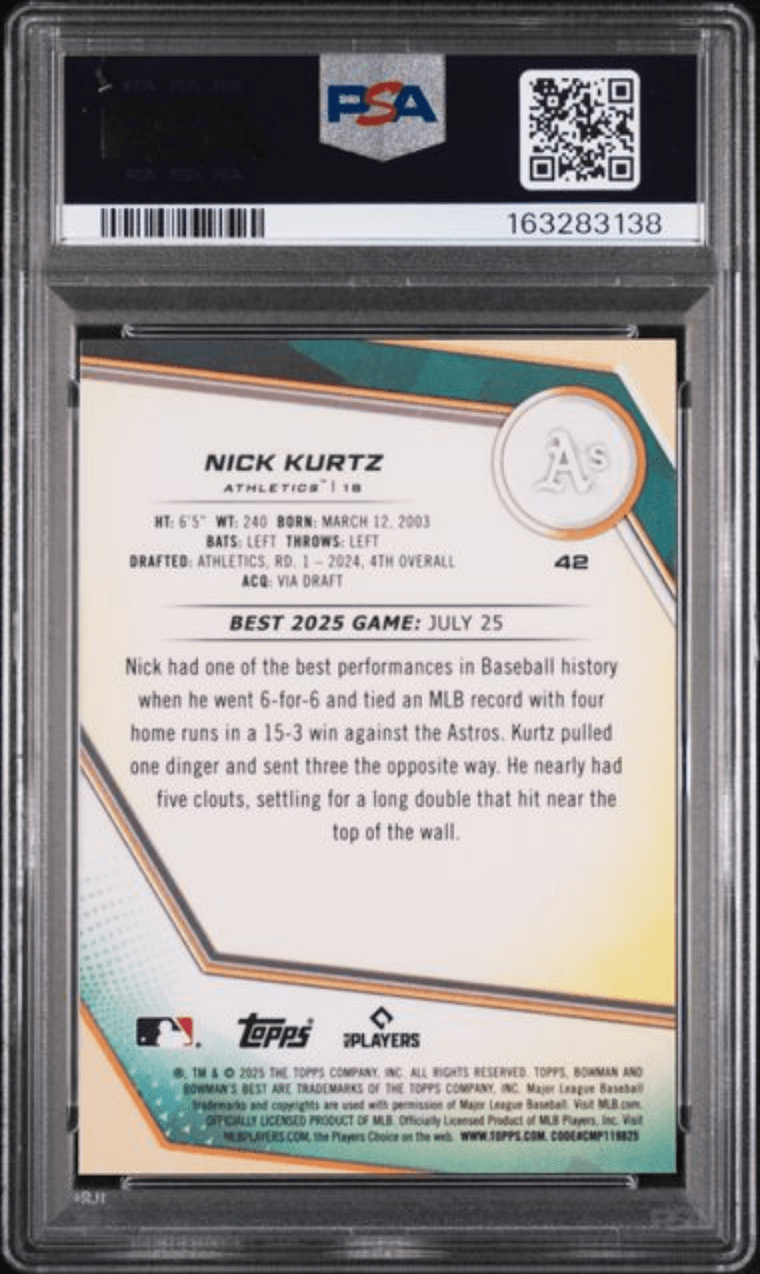 Graded 2025 Topps Bowmans Best Nick Kurtz #42 Blue X Fractor /150 Rookie RC Baseball Card PSA 10 Gem Mint