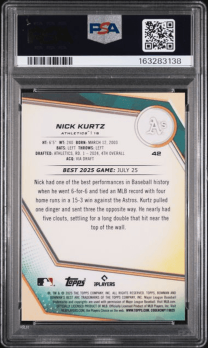 Graded 2025 Topps Bowmans Best Nick Kurtz #42 Blue X Fractor /150 Rookie RC Baseball Card PSA 10 Gem Mint