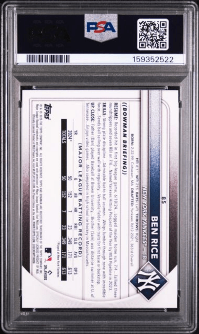 Graded 2025 Topps Bowman Ben Rice #85 Rookie RC Baseball Card PSA 10 Gem Mint