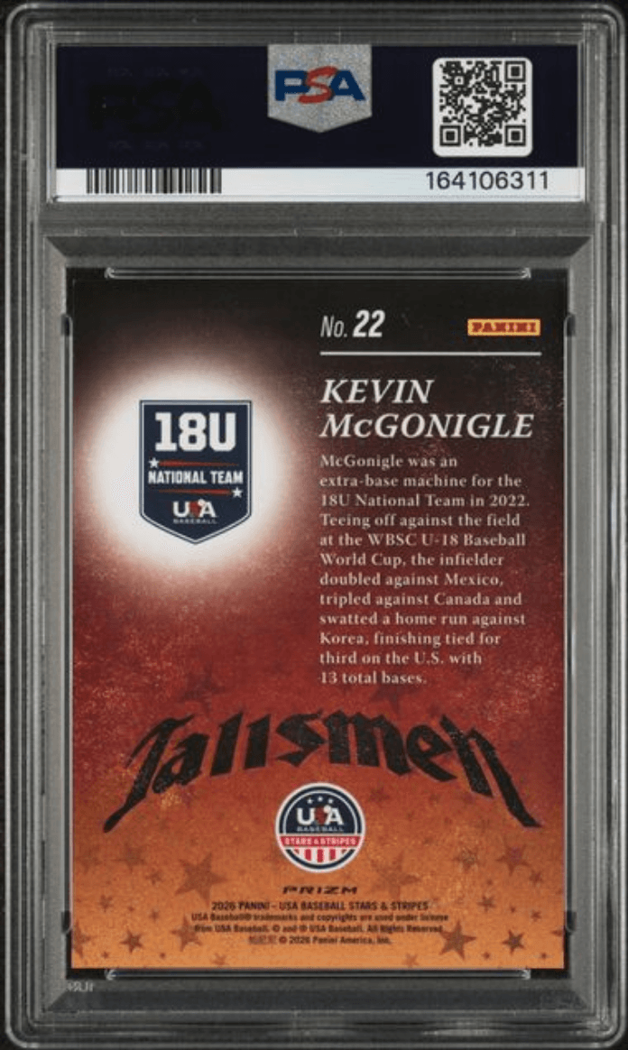 Graded 2026 Panini Stars & Stripes USA Kevin McGonigle #U22 Talisman Disco Rookie RC Baseball Card PSA 10 Gem Mint