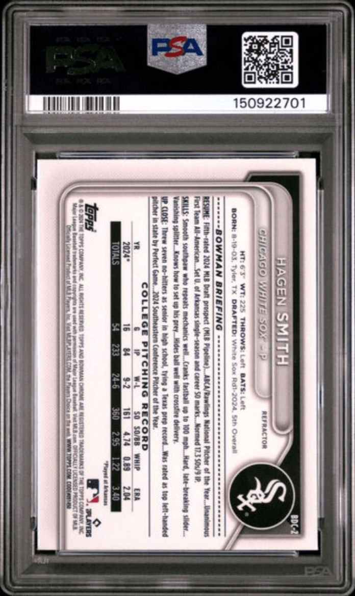 Graded 2024 Topps Bowman Draft Hagen Smith #BDC2 Chrome Refractor Rookie RC Baseball Card PSA 10 Gem Mint