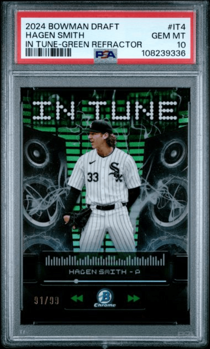 Graded 2024 Topps Bowman Draft Hagen Smith #IT4 In Tune Green Refractor /99 Rookie RC Baseball Card PSA 10 Gem Mint