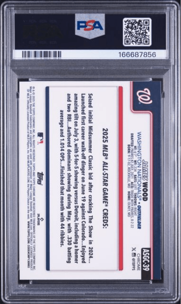 Graded 2025 Topps Chrome Update James Wood #39 2025 All Star Game Rookie RC Baseball Card PSA 10 Gem Mint