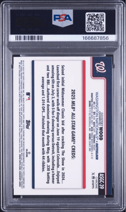 Graded 2025 Topps Chrome Update James Wood #39 2025 All Star Game Rookie RC Baseball Card PSA 10 Gem Mint