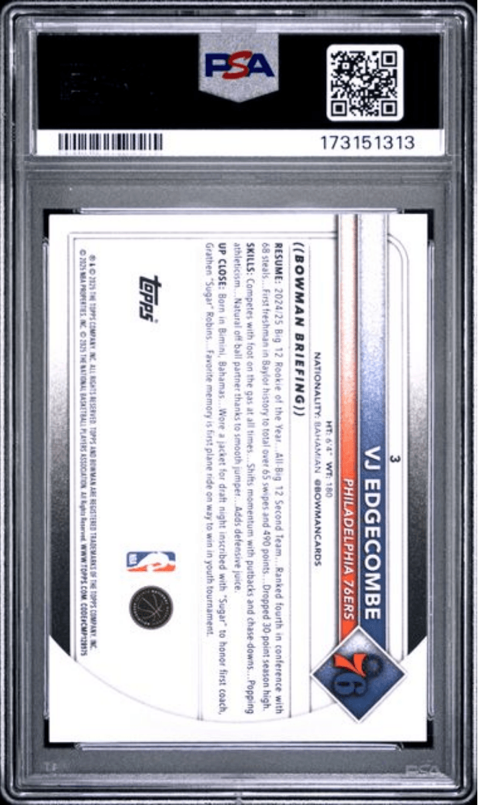 Graded 2025 Topps Bowman VJ Edgecombe #3 Rookie RC Basketball Card PSA 10 Gem Mint