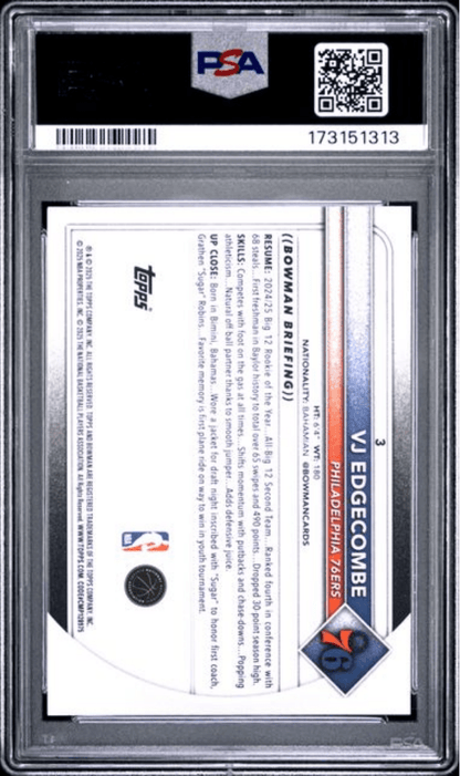 Graded 2025 Topps Bowman VJ Edgecombe #3 Rookie RC Basketball Card PSA 10 Gem Mint