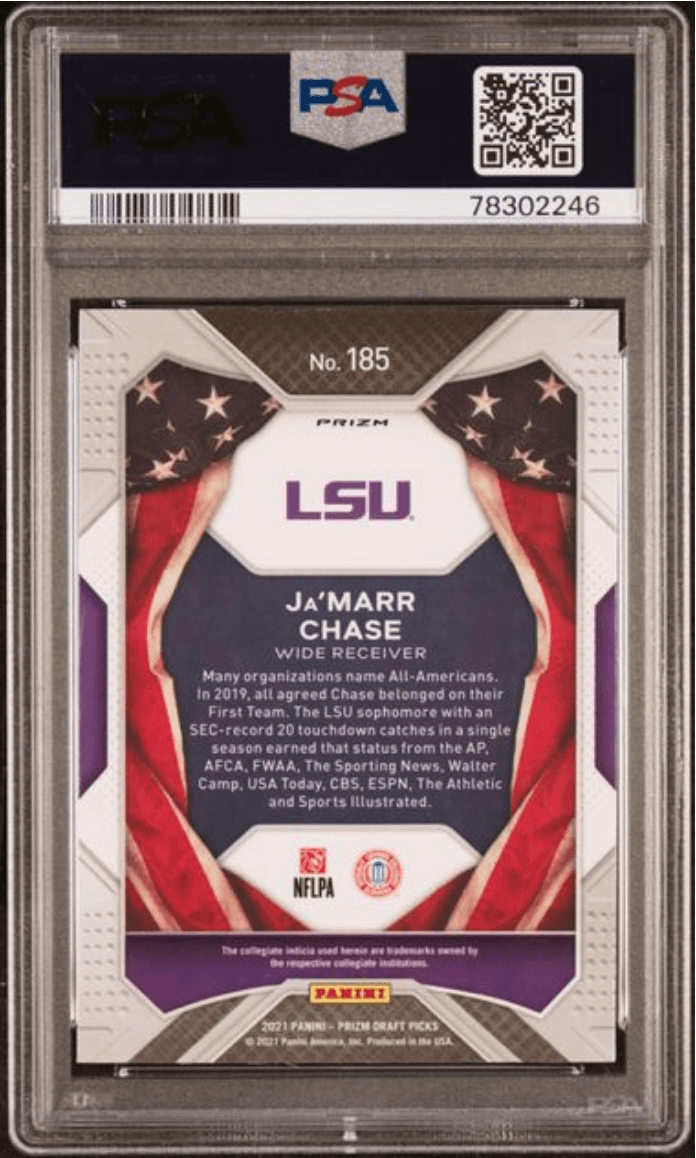 Graded 2021 Panini Prizm DP Ja'Marr Chase #185 Purple Wave Rookie RC Football Card PSA 10 Gem Mint