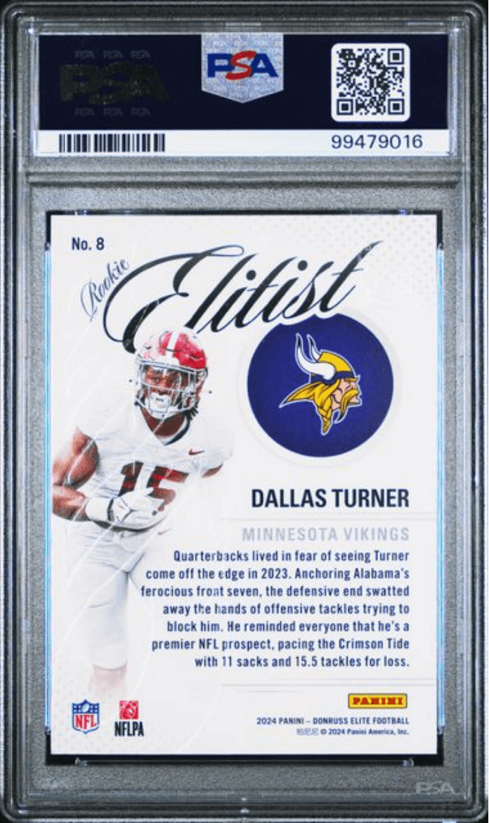 Graded 2024 Panini Donruss Elite Dallas Turner #8 Rookie Elitist Rookie RC Football Card PSA 10 Gem Mint