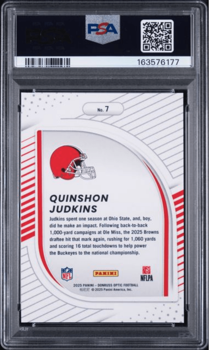 Graded 2025 Panini Donruss Optic Quinshon Judkins #7 Hidden Potential Rookie RC Football Card PSA 10 Gem Mint