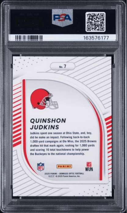 Graded 2025 Panini Donruss Optic Quinshon Judkins #7 Hidden Potential Rookie RC Football Card PSA 10 Gem Mint