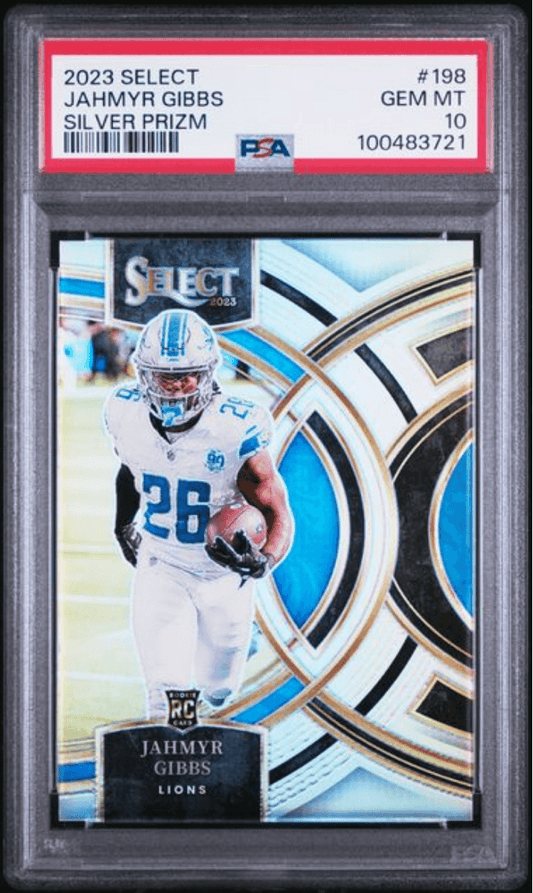 Graded 2023 Panini Select Jahmyr Gibbs #198 Silver Prizm Rookie RC Football Card PSA 10 Gem Mint