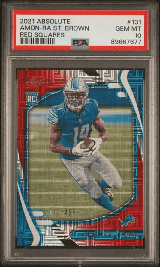Graded 2021 Panini Absolute Amon-Ra St. Brown #131 Red Squares Rookie RC Football Card PSA 10 Gem Mint