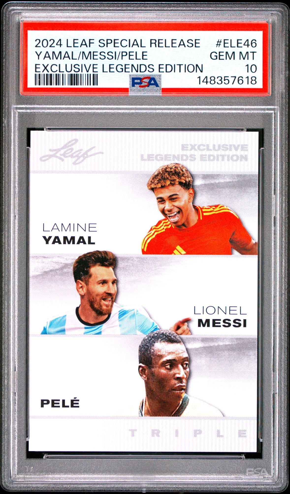 Graded 2024 Leaf Special Release Lionel Messi Lamine Yamal Pele #ELE46 Exclusive Legends Edition Soccer Card PSA 10 Gem Mint