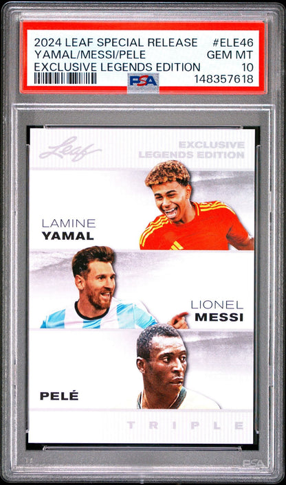 Graded 2024 Leaf Special Release Lionel Messi Lamine Yamal Pele #ELE46 Exclusive Legends Edition Soccer Card PSA 10 Gem Mint