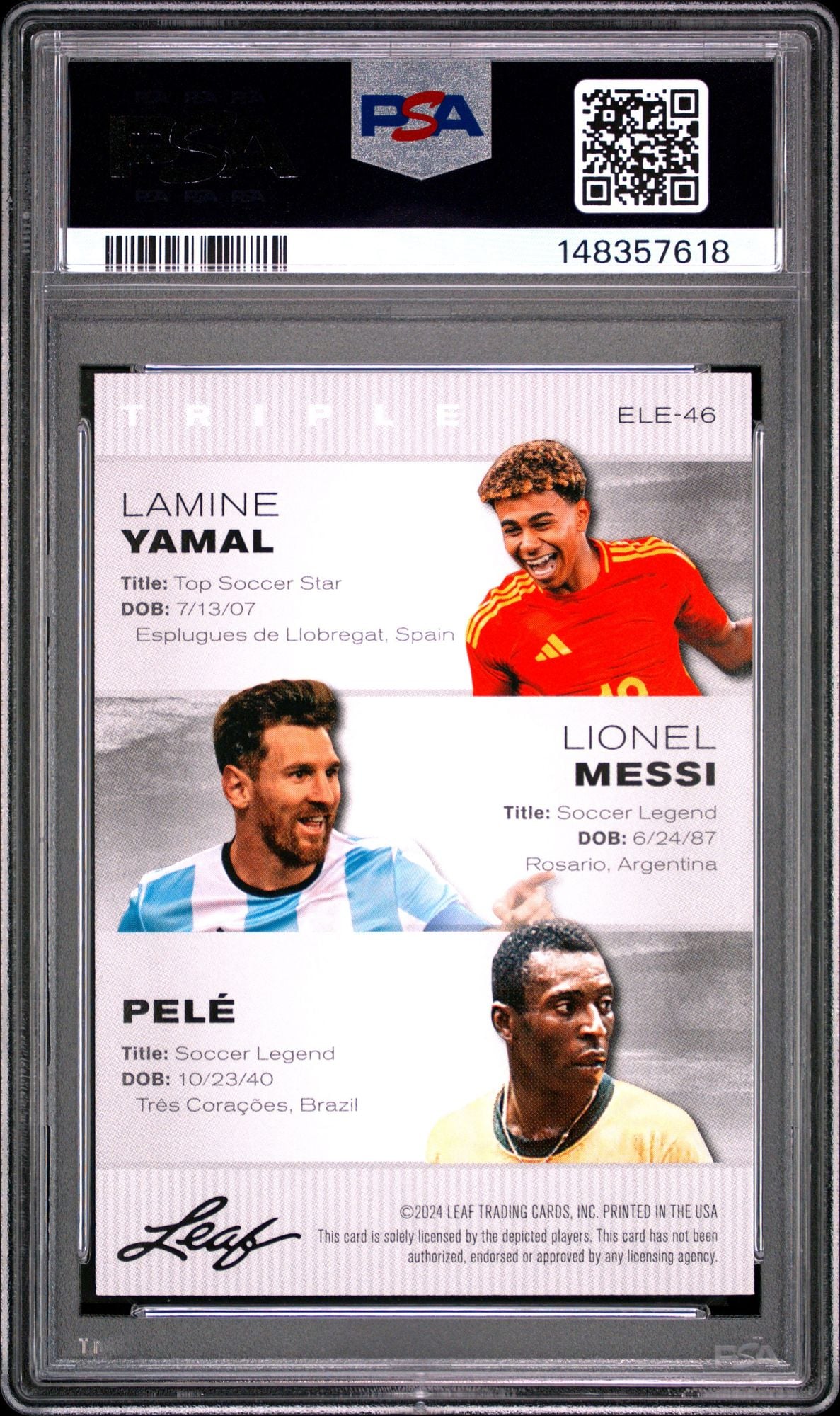 Graded 2024 Leaf Special Release Lionel Messi Lamine Yamal Pele #ELE46 Exclusive Legends Edition Soccer Card PSA 10 Gem Mint