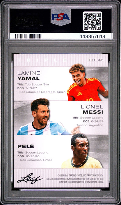 Graded 2024 Leaf Special Release Lionel Messi Lamine Yamal Pele #ELE46 Exclusive Legends Edition Soccer Card PSA 10 Gem Mint