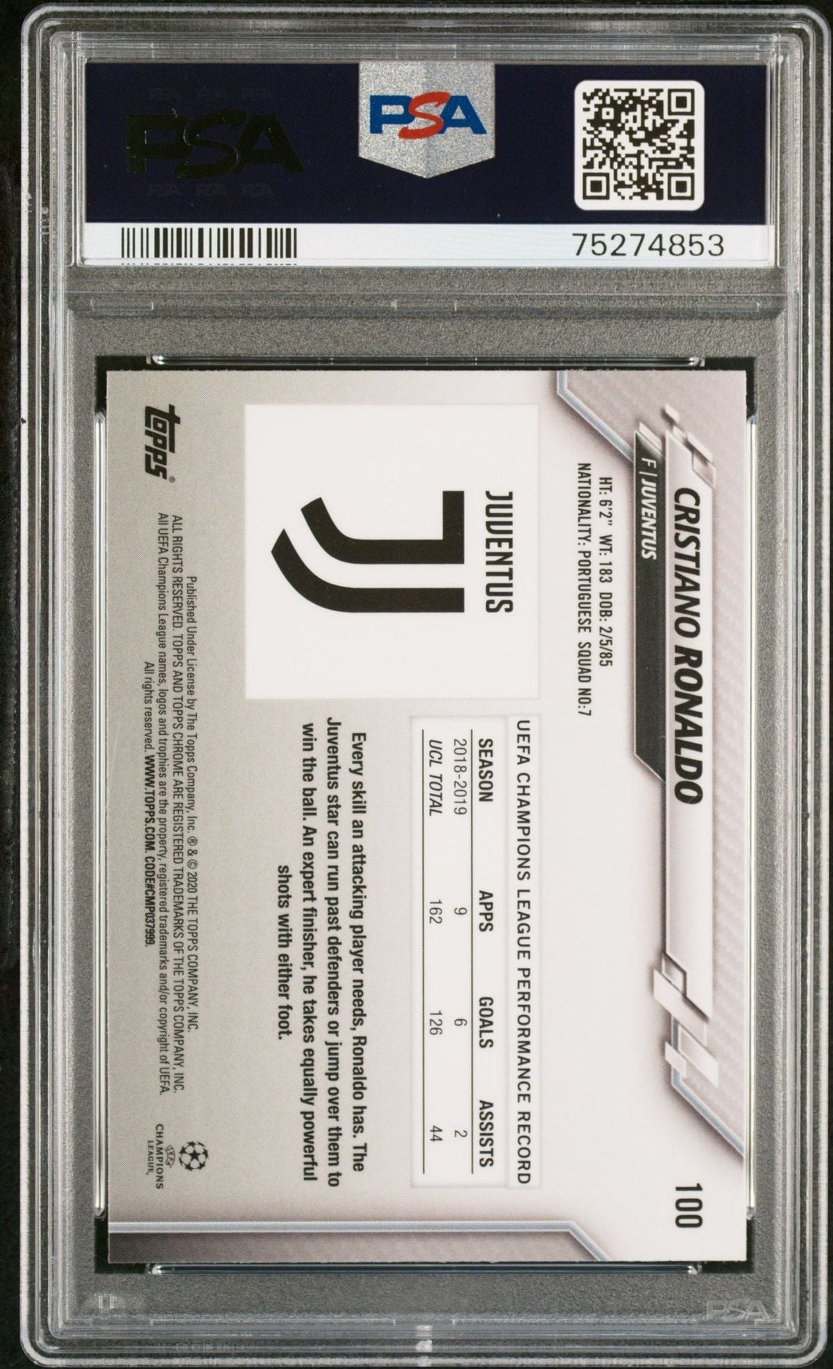 Graded 2019 Topps Chrome UCL Cristiano Ronaldo #100 UEFA Champions League Soccer Card PSA 10 Gem Mint