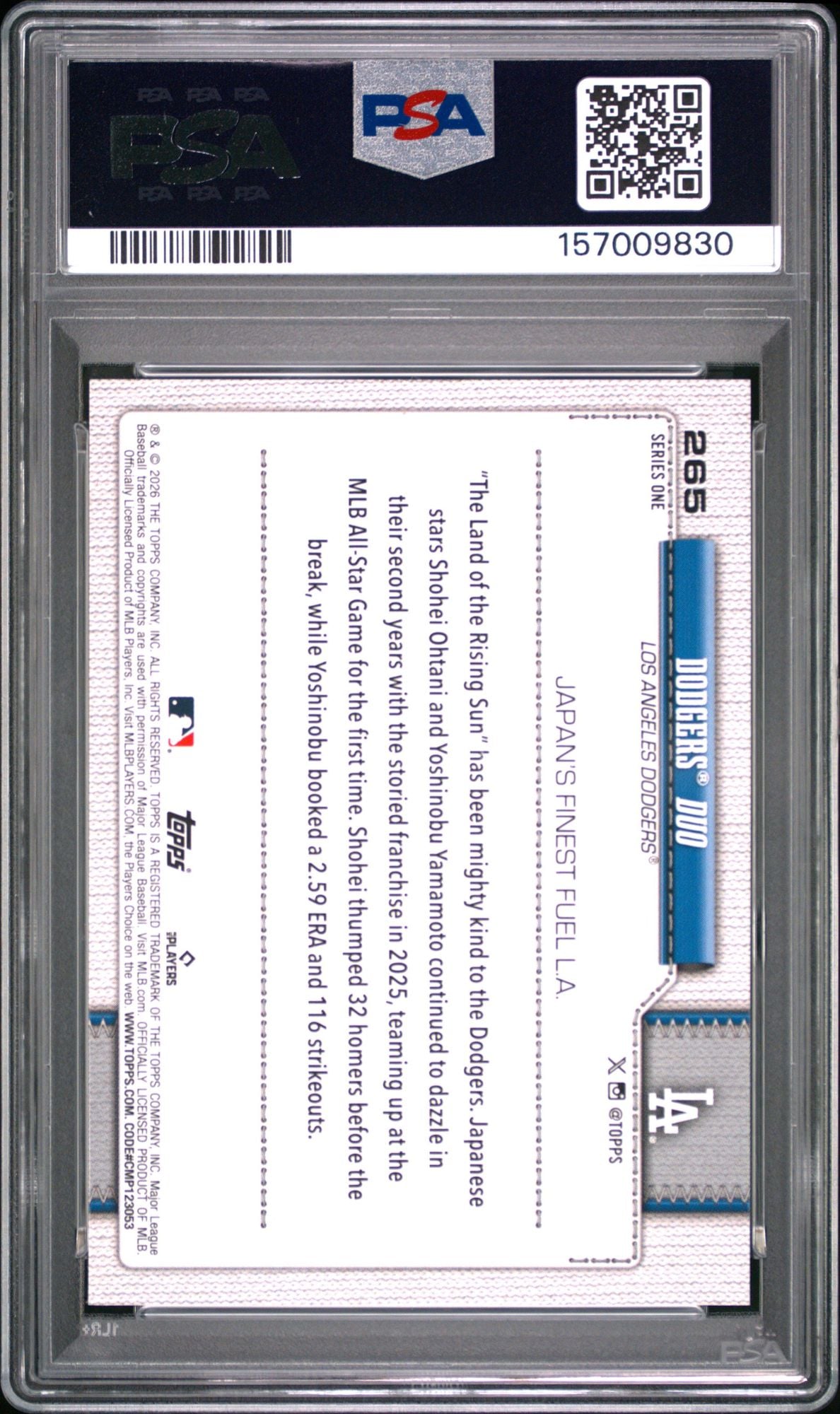 Graded 2026 Topps Series One Shohei Ohtani Yoshinobu Yamamoto Dodgers Duo #265 Baseball Card PSA 10 Gem Mint