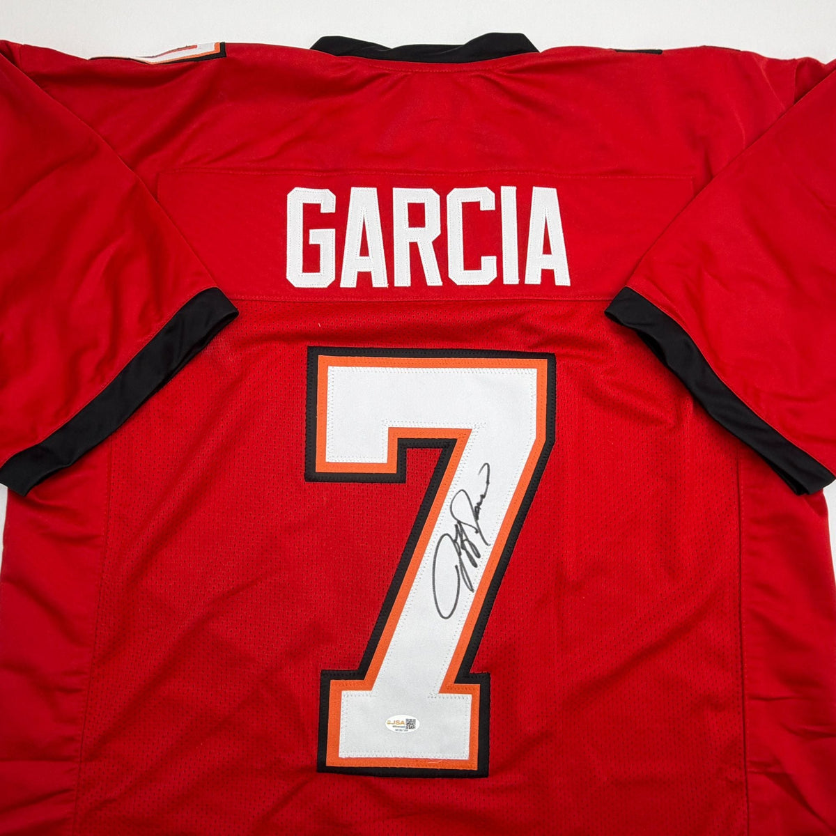 Autographed/Signed Jeff Garcia Tampa Bay Red Football Jersey JSA COA