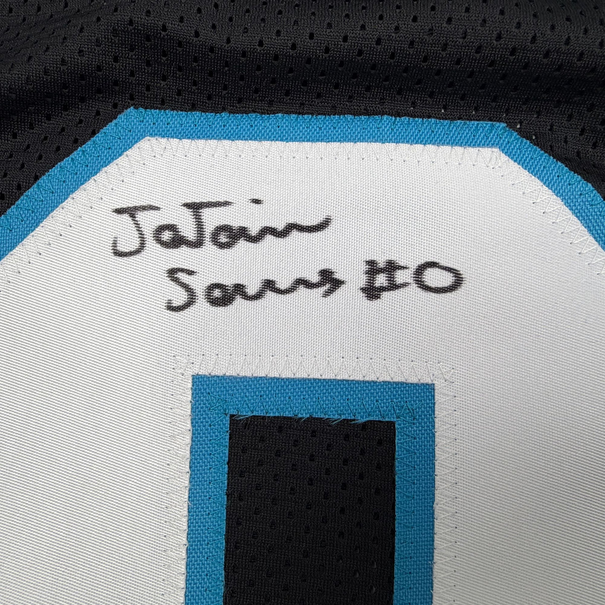 Autographed/Signed Ja'Tavion Sanders Carolina Black Football Jersey Beckett BAS COA