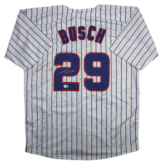 Autographed/Signed Michael Busch Chicago Pinstripe Baseball Jersey Beckett BAS COA