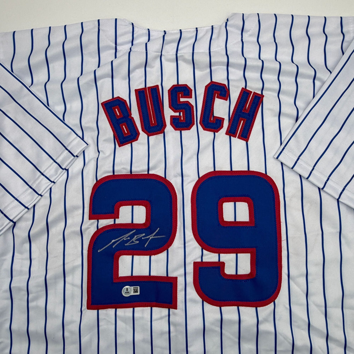 Autographed/Signed Michael Busch Chicago Pinstripe Baseball Jersey Beckett BAS COA