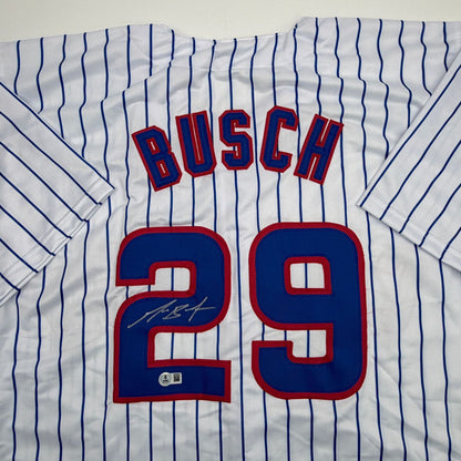 Autographed/Signed Michael Busch Chicago Pinstripe Baseball Jersey Beckett BAS COA
