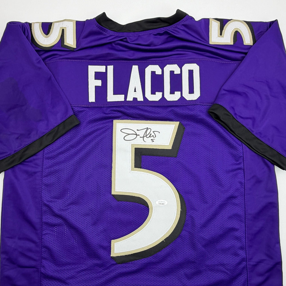Autographed/Signed Joe Flacco Baltimore Purple Football Jersey JSA COA