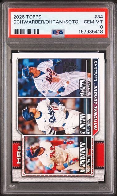 Graded 2026 Topps Series One Shohei Ohtani Kyle Schwarber Juan Soto NL Home Runs #84 Baseball Card PSA 10 Gem Mint
