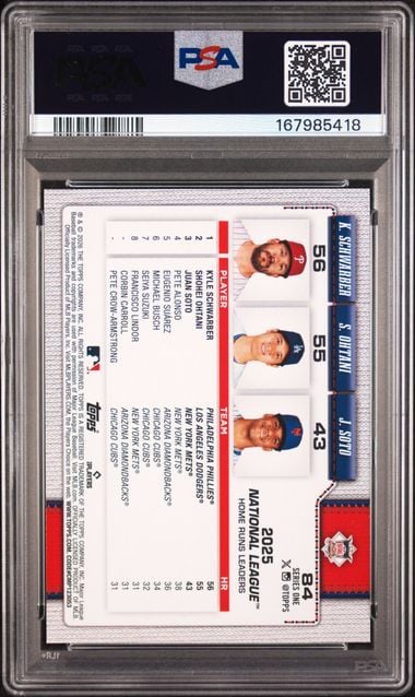 Graded 2026 Topps Series One Shohei Ohtani Kyle Schwarber Juan Soto NL Home Runs #84 Baseball Card PSA 10 Gem Mint