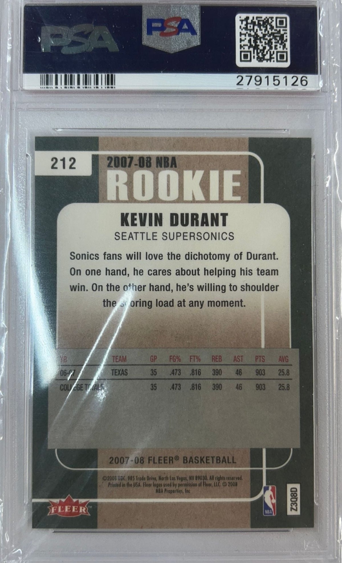 Graded 2007-08 Fleer Kevin Durant #212 Rookie RC Basketball Card PSA 10 Gem Mint