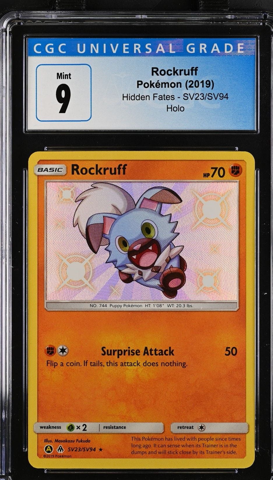 Graded 2019 Pokemon Sun & Moon Rockruff #SV23 Hidden Fates Trading Card Game CGC 9 Mint