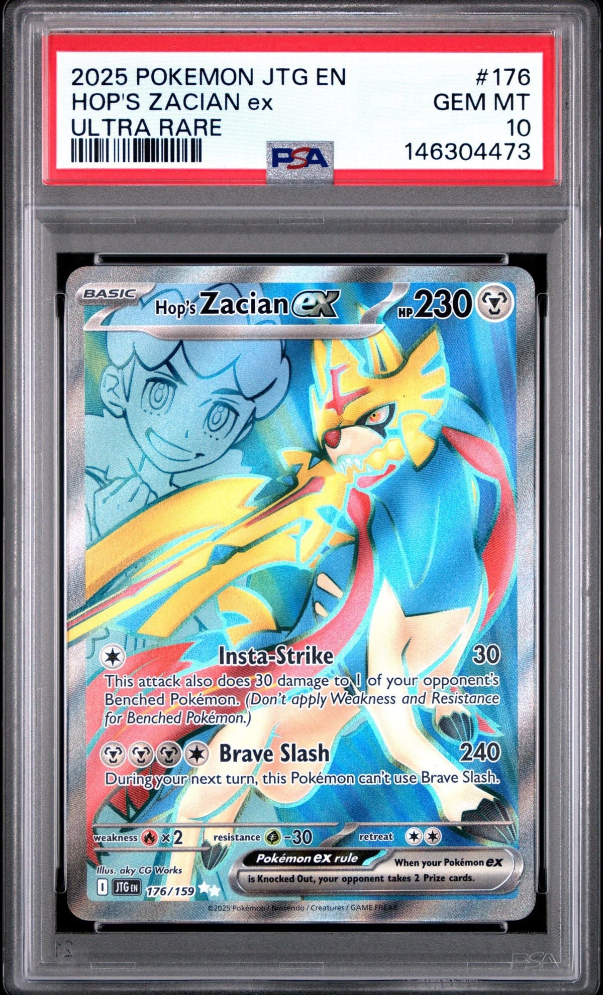 Graded 2025 PKM Journey Together EN Hop's Zacian ex #176 Ultra Rare Trading Card Game PSA 10 Gem Mint